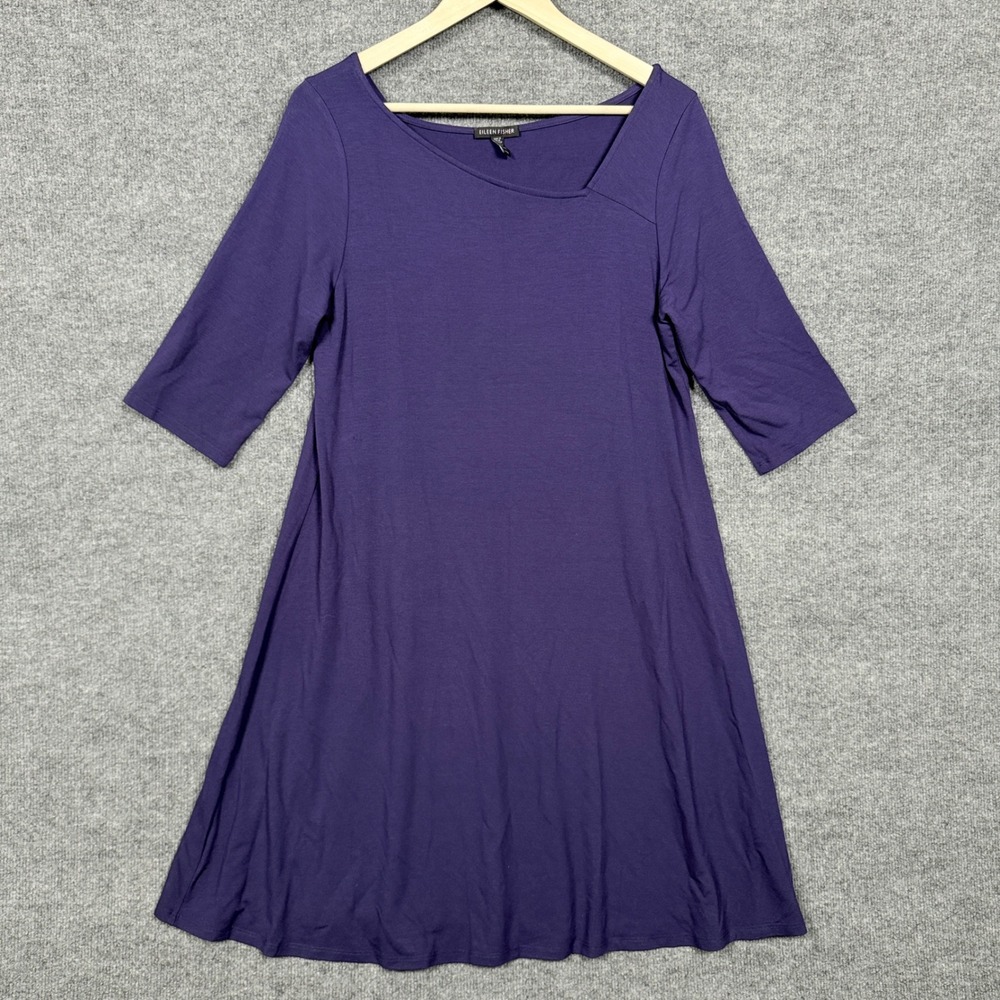 Eileen Fisher Sz Medium Midi Dress Purple‎ Shift Fit & Flare Asymmetric Neckline